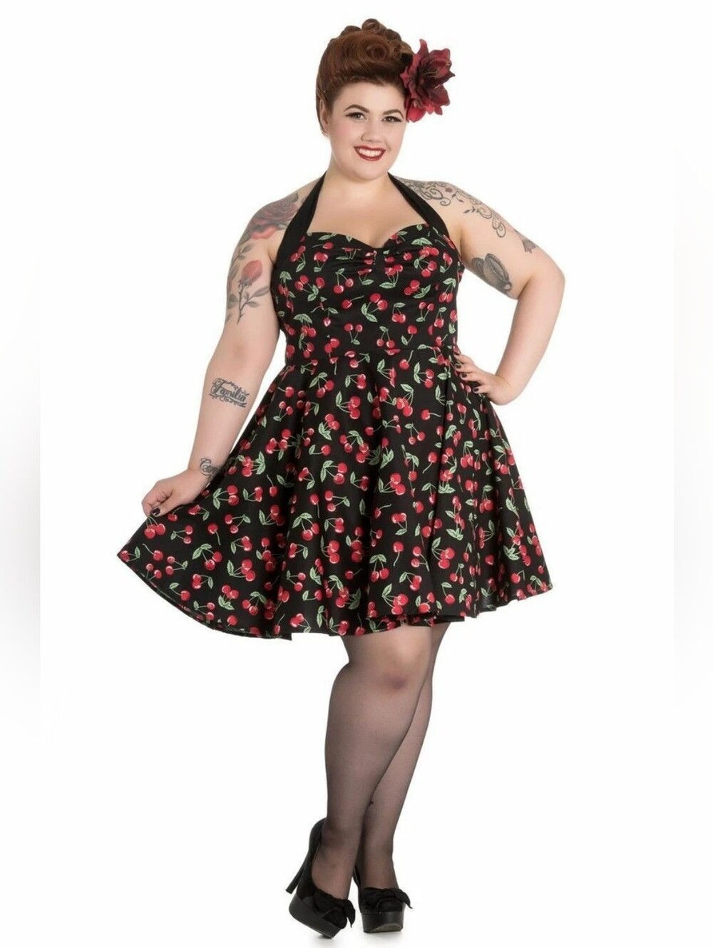 HELL BUNNY Cherry Bop Mini 50s Cotton Rockabilly Pin Up Black Mini Dress Sz 2XL